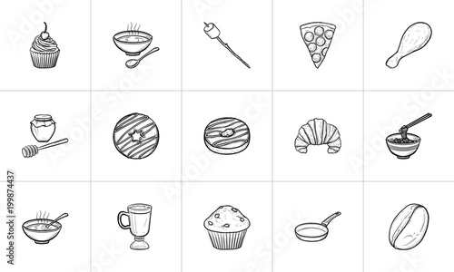 Food and drink hand drawn outline doodle icon set for print, web, mobile and infographics. Drink and food vector sketch illustration set isolated on white background.