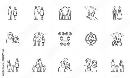 Wedding and family hand drawn outline doodle icon set for print, web, mobile and infographics. Family vector sketch illustration set isolated on white background.