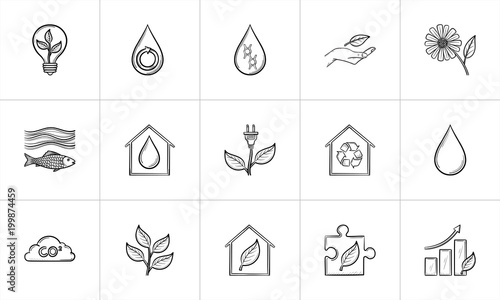 Ecology hand drawn outline doodle icon set for print, web, mobile and infographics. Ecology vector sketch illustration set isolated on white background.