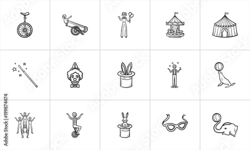 Circus sketch icon set for web, mobile and infographics. Hand drawn Circus vector icon set isolated on white background.
