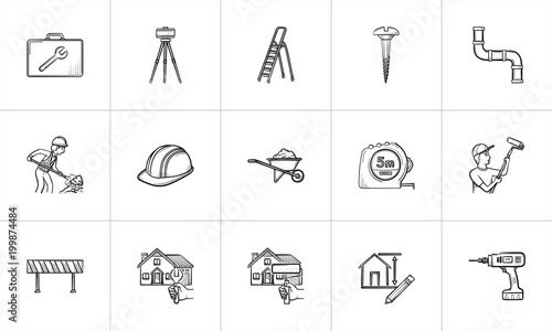 Construction sketch icon set for web, mobile and infographics. Hand drawn Construction vector icon set isolated on white background.