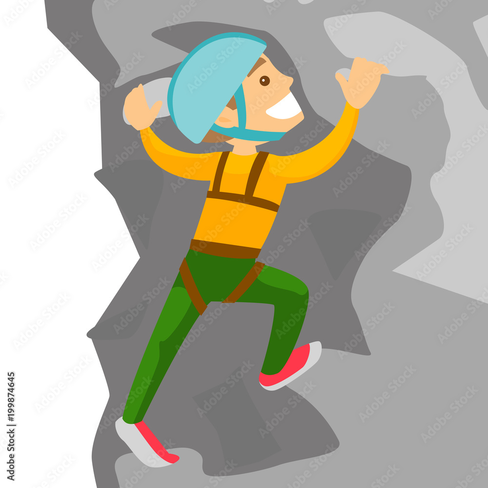 Cheerful caucasian white climber in protective helmet climbing on a rock.  Young smiling man climbing on a mountain. Vector cartoon illustration  isolated on white background. Square layout. Stock Vector | Adobe Stock