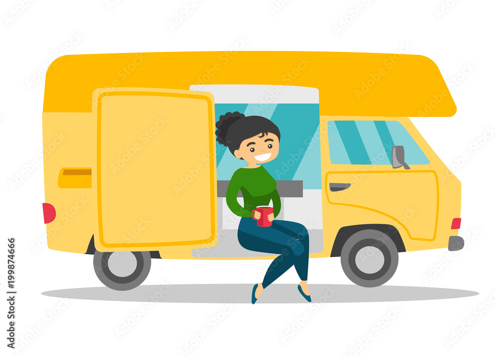 Young caucasian white woman sitting in motor home and drinking coffee. Woman enjoying vacation in a camper van. Tourism and camping concept. Vector cartoon illustration isolated on white background. Young caucasian white woman sitting in motor home and drinking coffee. Woman enjoying vacation in a camper van. Tourism and camping concept. Vector cartoon illustration isolated on white background.