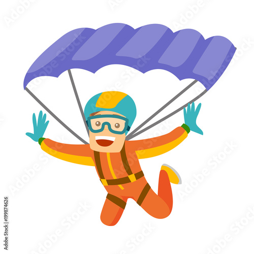 Caucasian white man flying with a parachute. Young happy man paragliding on a parachute. Professional parachutist performing sky dive jump. Vector cartoon illustration isolated on white background.