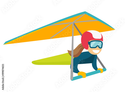 Caucasian white woman flying on hang-glider. Sportswoman taking part in hang gliding competitions. Woman having fun while gliding on delta plane in sky. Vector cartoon illustration. Horizontal layout.