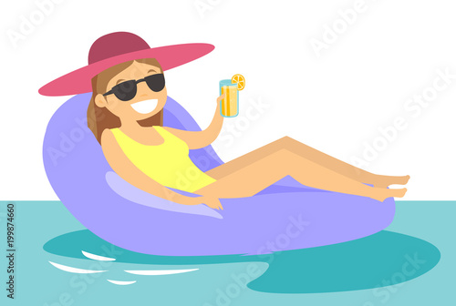 Young happy caucasian white woman in sunglasses relaxing in swimming pool. Cheerful woman in glasses sitting on rubber inflatable chaise longue on water. Vector cartoon illustration. Horizontal layout