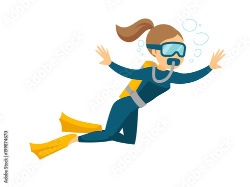 Young caucasian white woman in diving suit and fins swimming underwater with scuba. Woman enjoying the dive. Vector cartoon illustration isolated on white background. Horizontal layout.