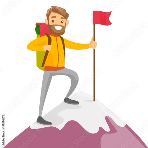 Cheerful caucasian white climber standing on the top of mountain with a red flag. Young smiling mountaineer climbing on a rock. Vector cartoon illustration isolated on white background. Square layout.