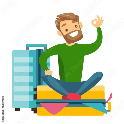 Young caucasian white man sitting on a suitcase full of clothes and trying to close it. Happy man packing a lot of clothes into a single suitcase and showing ok sign. Vector cartoon illustration.