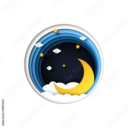 Night scenery with clouds,stars and crescent moon on midnight sky background paper art style design.Vector illustration.