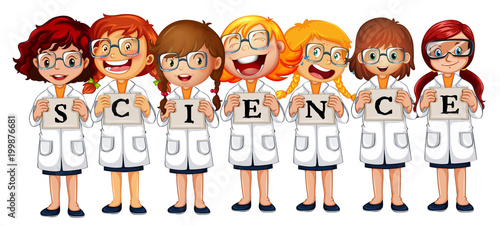 Girls in science coats and word science