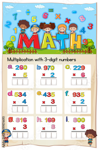 Math worksheet for multiplication with three digit numbers