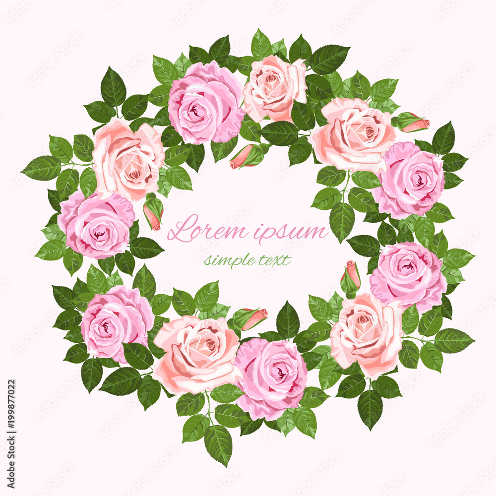 Vector wedding invitations with pink and beige roses wreath