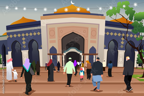 Muslims Going to Mosque to Pray Illustration