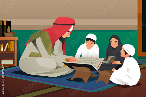 Imam Reading Quran With His Students Illustration