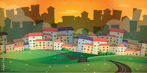 Background scene with many houses in village