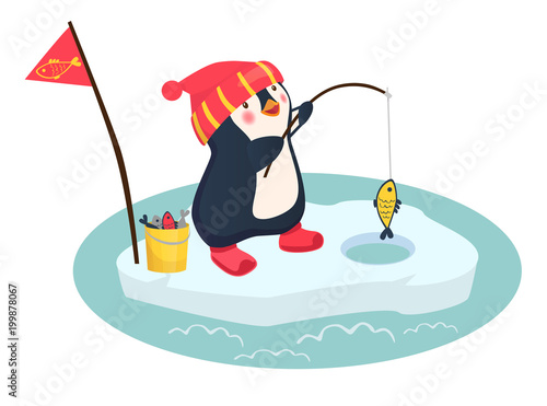 penguin fisherman caught fish