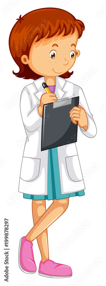 Woman in white coat writing on board Woman in white coat writing on board