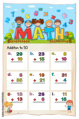 Math worksheet template for addition to fifty