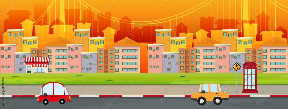City scene with buildings and cars on the road