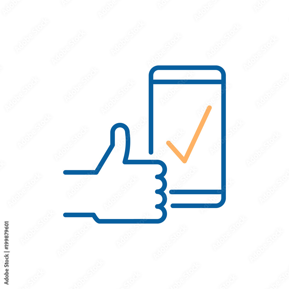 Obraz premium Check mark on smart phone screen with a thumbs up indicating success, approval, download complete, positive feedback. Vector thin line icon design illustration