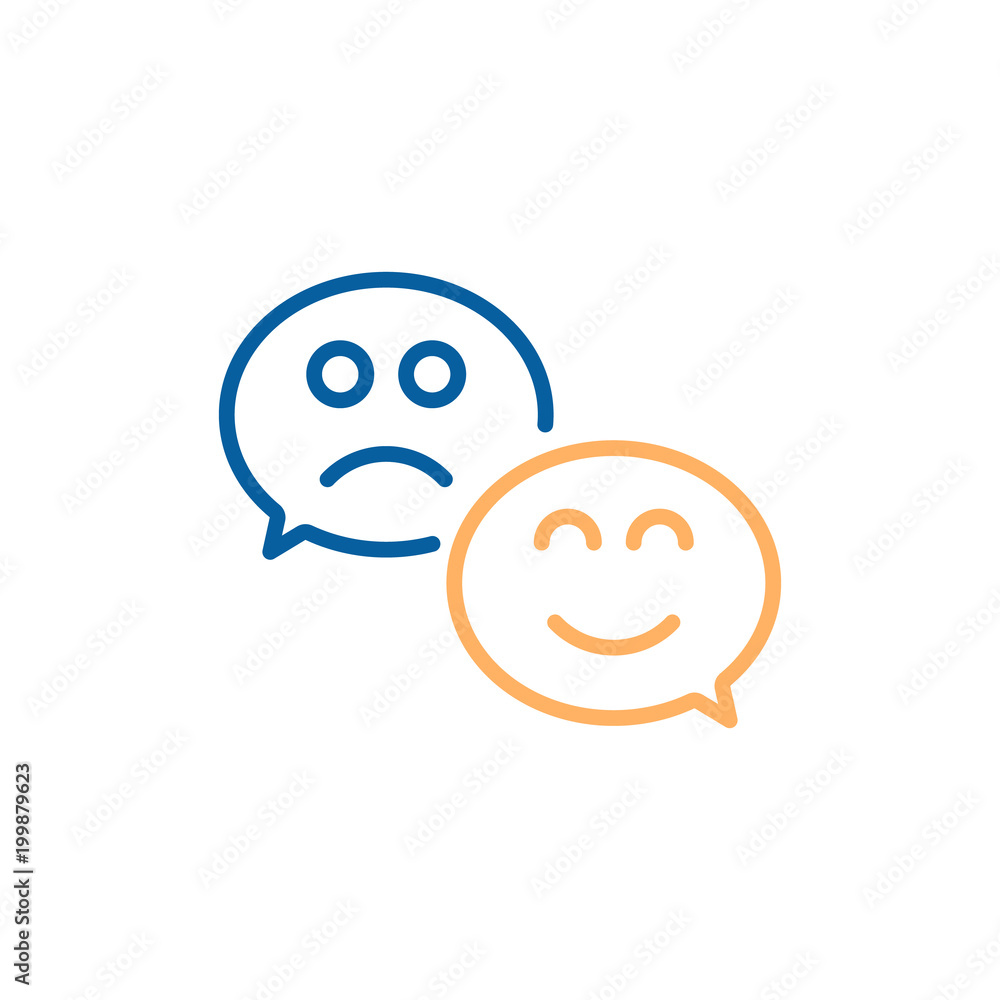 Speech bubble with happy smile and sad face. Vector thin line icon illustration design for customer satisfaction, opinions and reviews Speech bubble with happy smile and sad face. Vector thin line icon illustration design for customer satisfaction, opinions and reviews