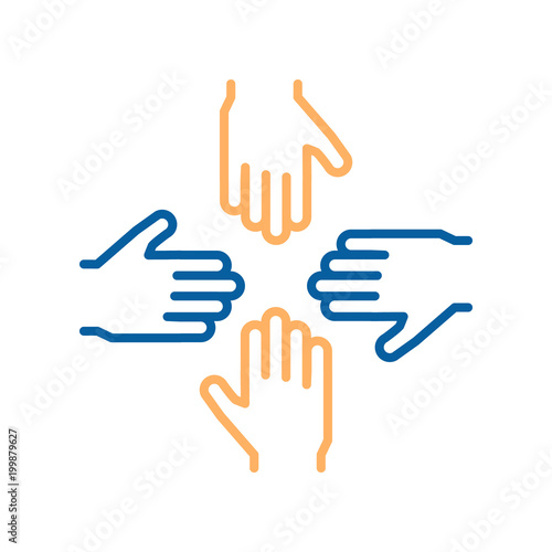 Vector thin line icons with 4 hands. Concept design for teamwork, success, charity, business, volunteers, performance group, equality and other concepts