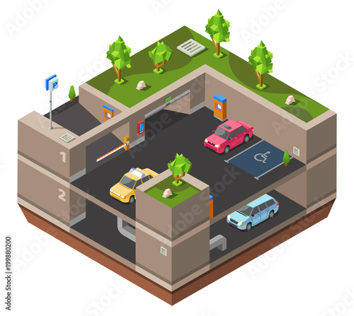 Underground multi-story car parking isometric 3D vector illustration for construction design. Isometric cars parked on underground parking lots garage with handicapped area, exit barrier and parkomat