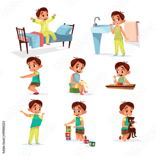 Vector cartoon boy daily routine activity set. Male character wake up, stretch, brushing teeth doing gymnastics, toilet, dressing up eat breakfast play cat, cube toys. Illustration kid life schedule