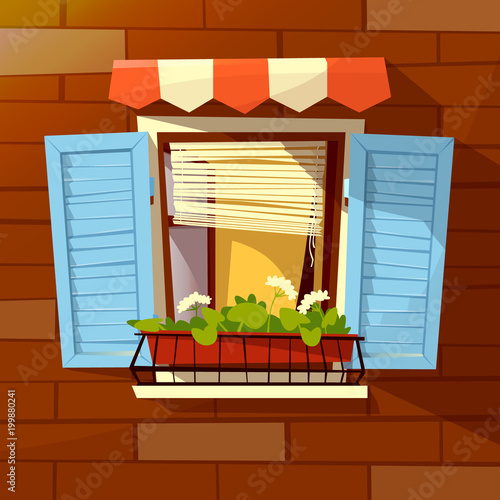 House facade vector illustration of window with wooden shutters, sunblind awning and flowerpot. Modern or old retro window facade on brick wall outdoor view flat cartoon design