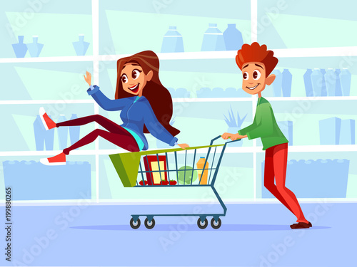 Couple riding supermarket shopping cart vector illustration. Flat cartoon design of young man and woman or girl and boy ride in grocery shop cart and smile or laugh among supermarket shelf