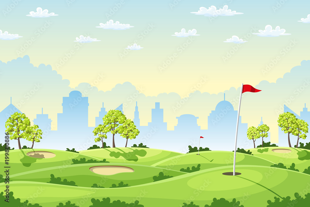 Fototapeta premium Countryside golf course with flags, greens and sand bunker.