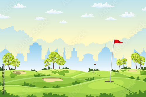 Countryside golf course with flags, greens and sand bunker. 