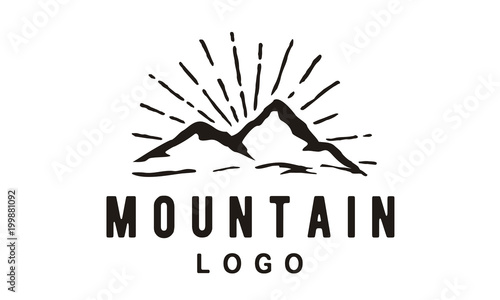 Rustic Vintage Retro Mountain Landscape with Sun Rays Morning Adventure Outdoor Logo