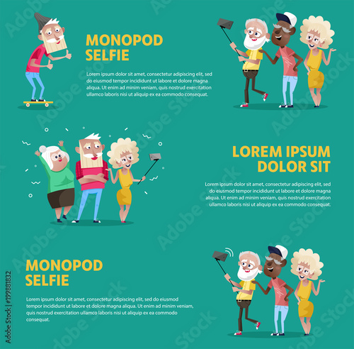 Colorful poster showing different aged people taking selfie with monopod on green background. 
