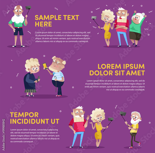 Colorful cover with text boxes and different aged people taking selfie of using phones. 