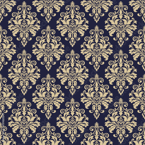 Wallpaper in the style of Baroque. A seamless vector background. Blue and gold floral ornament. Graphic vector pattern