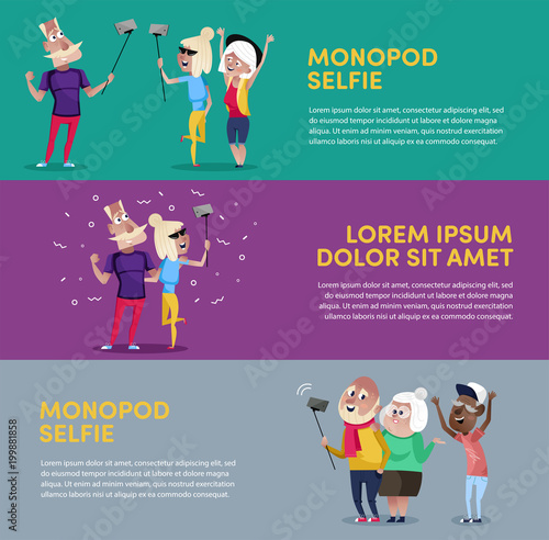 Colorful article cover with cartoon people using monopod stick to take selfie