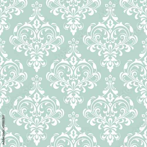 Wallpaper in the style of Baroque. A seamless vector background. White and blue floral ornament. Graphic vector pattern