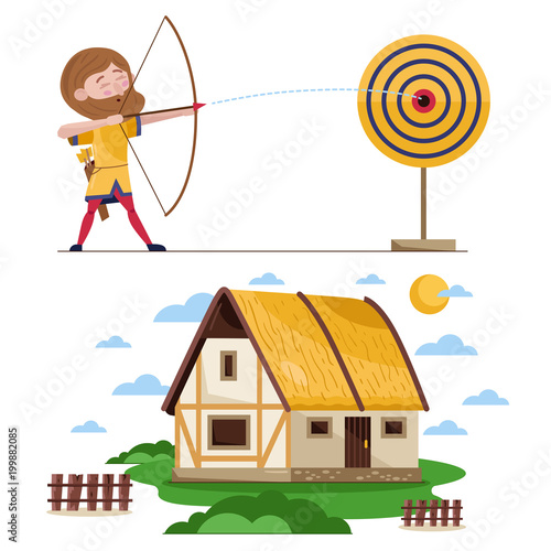 Flat design of medieval character of man doing archery composed with old rural house on white background. 