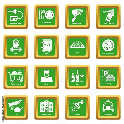 Hotel service icons set green square vector