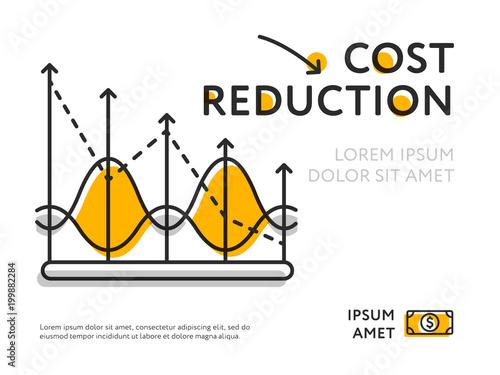 Lowering chart with waving lines and message of Cost reduction on white backdrop. 