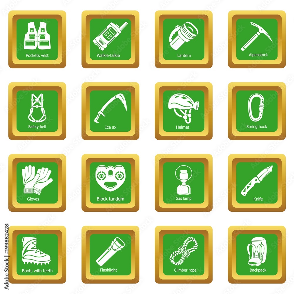 Speleology equipment icons set green square vector Speleology equipment icons set green square vector