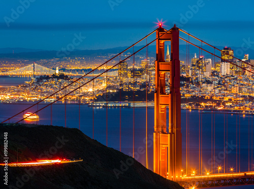 San Francisco Bay Looking Through Golden Gate Bridge at Dusk