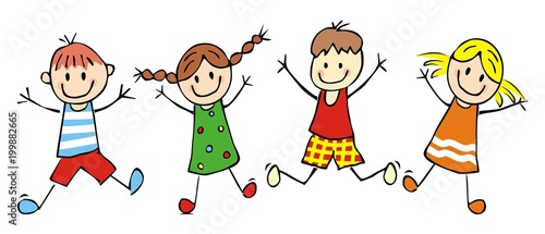 Happy kids, jumping girls and boys, funny vector illustration