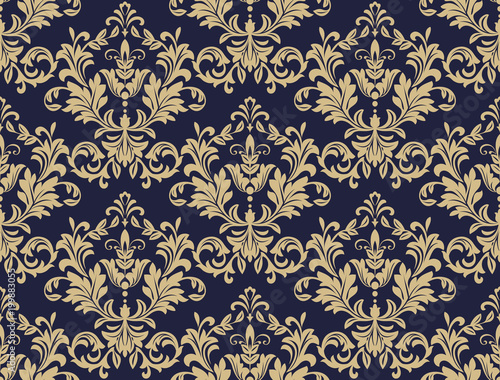 Wallpaper in the style of Baroque. A seamless vector background. Blue and gold floral ornament. Graphic vector pattern