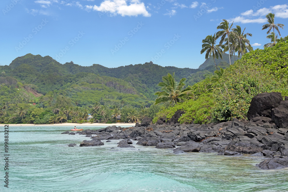 Landscape view from a boat of Muri lagoon beach in Rarotonga Cook Islands