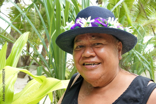 Happy old aged Polynesian Cook Islander woman smile in Rarotonga Cook Islands