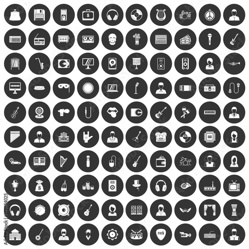 100 music icons set black circle