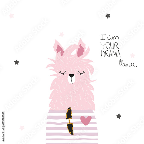 Funny llama with lettering. Vector hand drawn illustration.